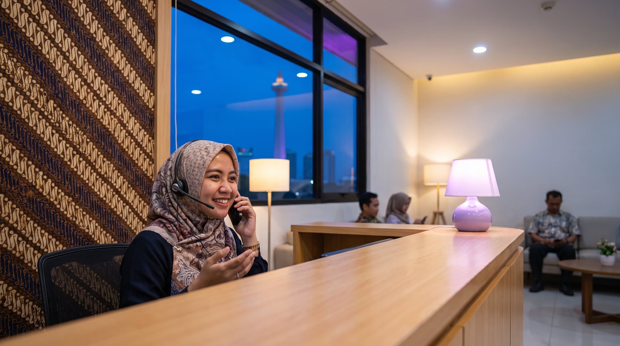 Resepsionis berhijab dengan headset menjawab telepon di meja depan klinik di Jakarta, gedung-gedung dan Monas terlihat di luar jendela saat senja